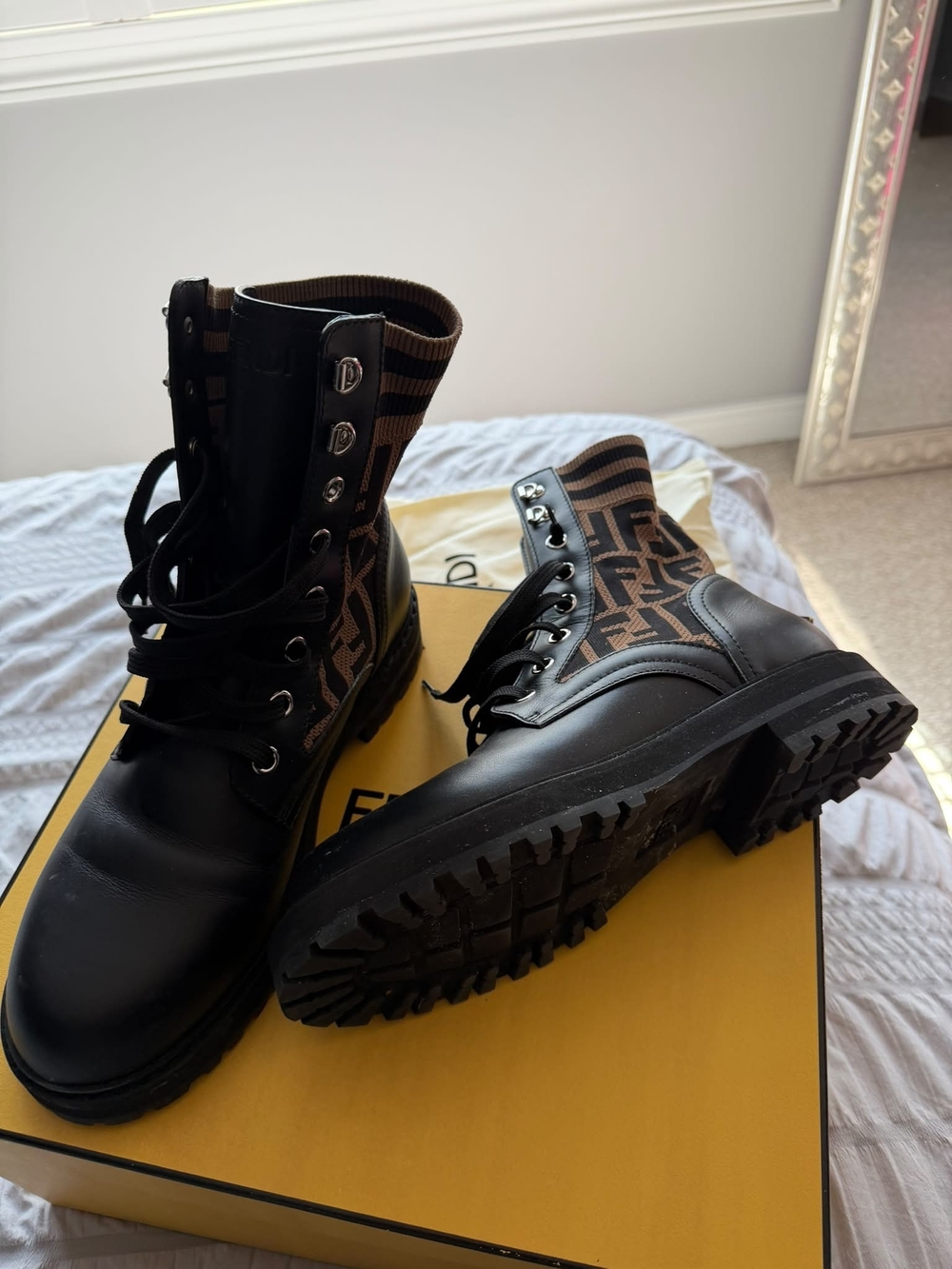 Fendi Black Leather Combat Boots with Brown Monogram Knit Shaft